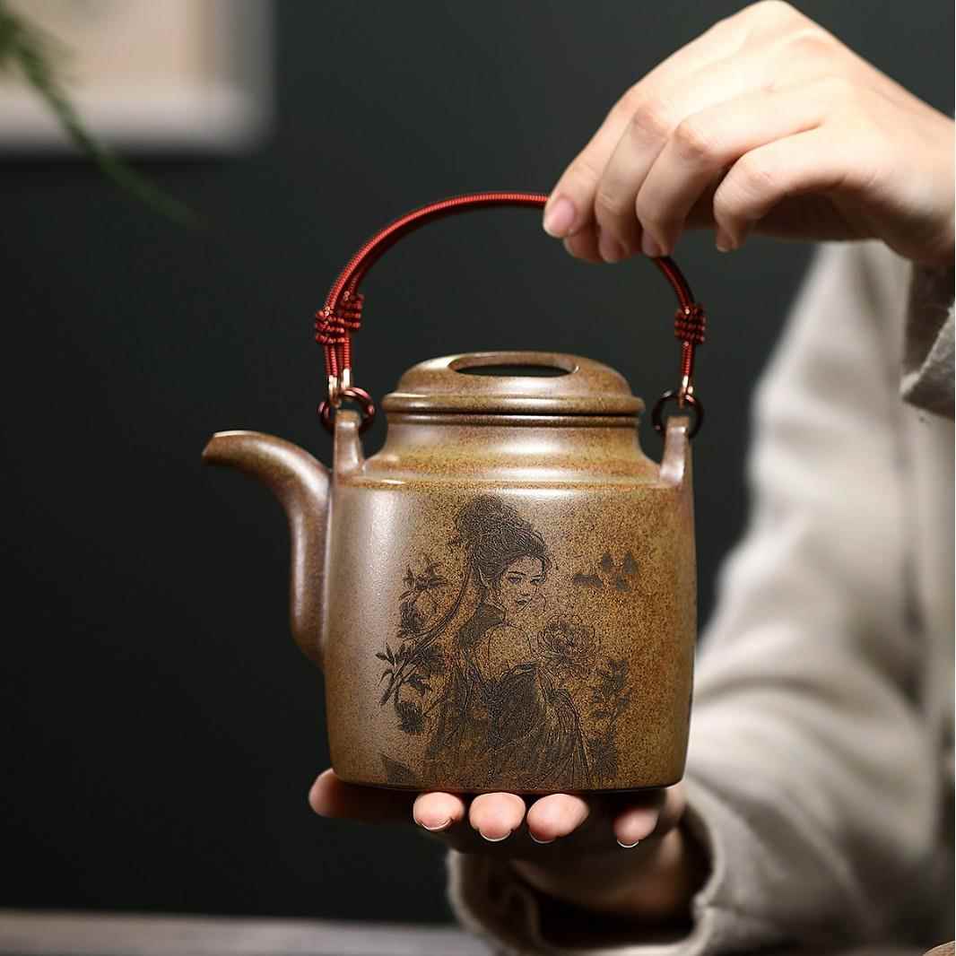 爆人款匠手工制作原矿高温柴烧NAW香泥刻绘醉牡丹洋桶沉茶分壶销
