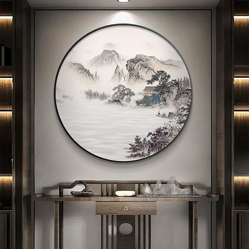新中式入户玄关装饰画 画山水画 画圆形挂画 画禅意茶室壁画 画客