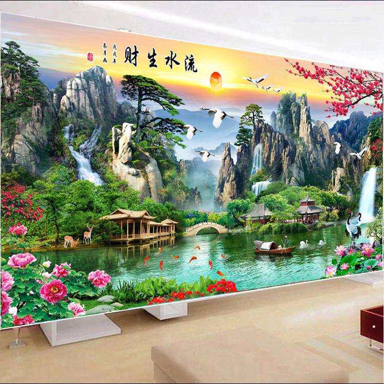 蒙娜丽莎十字绣2024新款线绣客厅大幅流水生财山水画自己绣手工