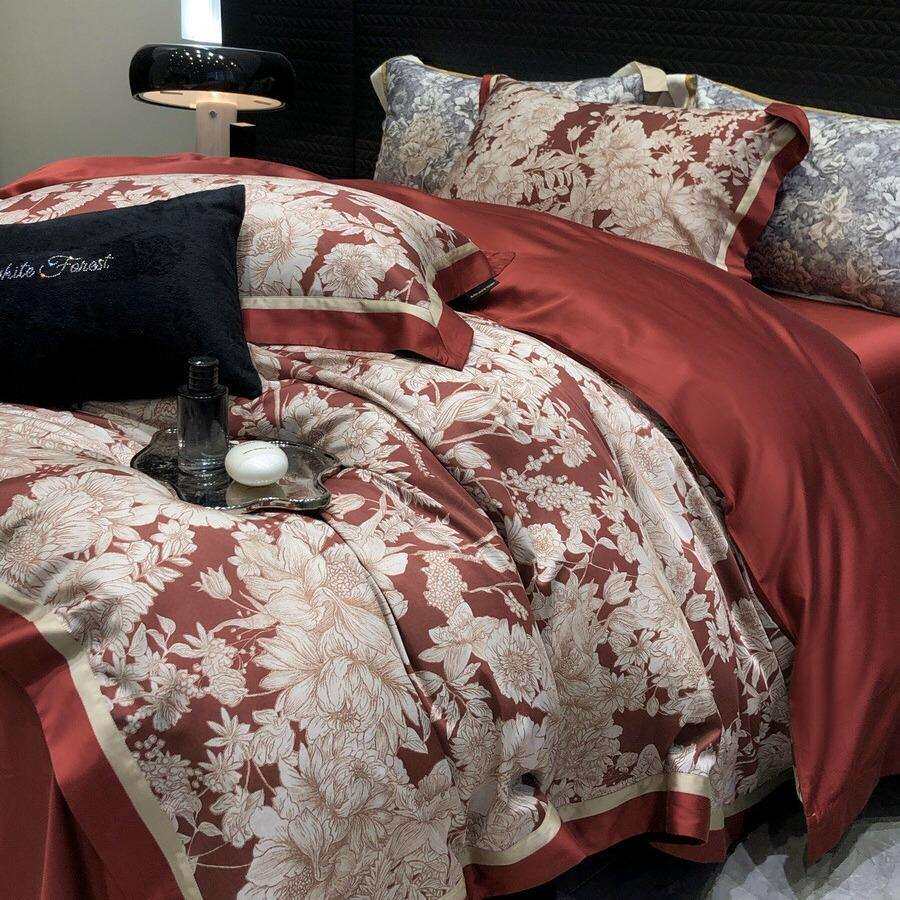 小众复古天丝棉数码印花四件套轻奢高端被套裸睡卧室双人床品婚庆