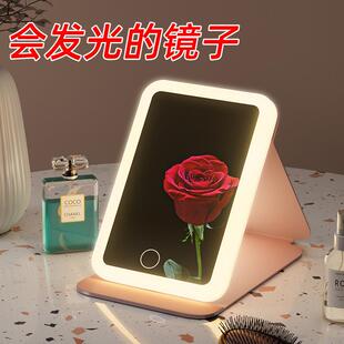 镜便携LED化妆镜补光灯台桌面随身可折叠带桌面皮面赵之李方镜式
