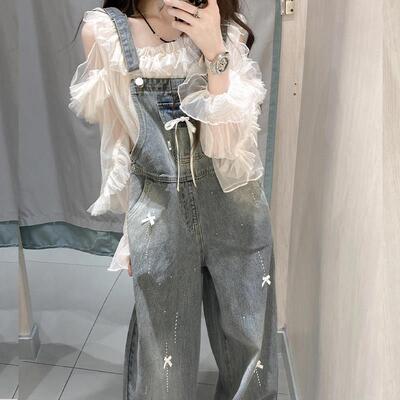 新款抱婴袋裤女小个子覆古宽松百搭蝴蝶结烫钻水洗牛仔休闲连身长