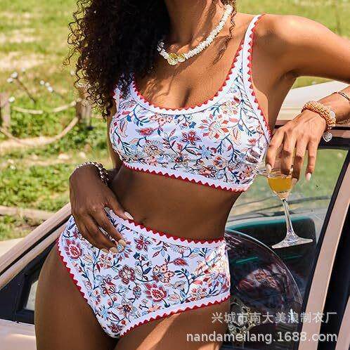 Womens Green Floral High Waist Bikini Set Scallop Trim