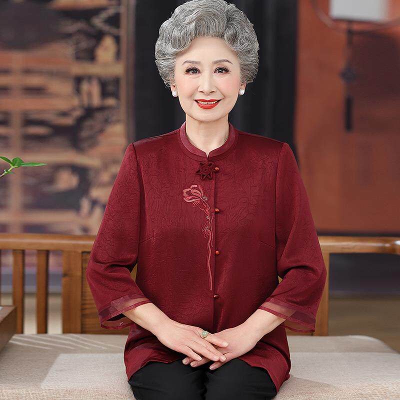 高档中老年人衬衫女夏装桑蚕丝100%套装大码奶奶国风真丝纯色上衣