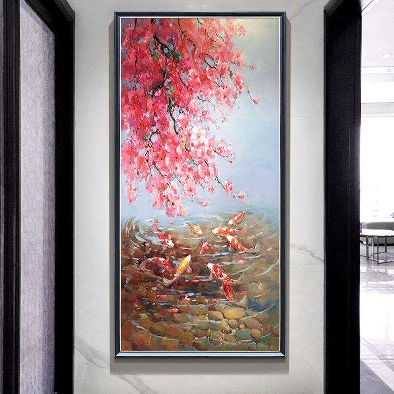 新中式九鱼图油画纯手绘玄关装饰画入户过道走廊尽头挂画现代壁画
