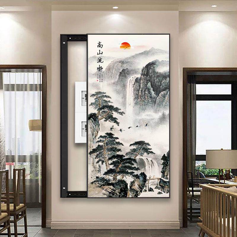 电井竖款国画配电箱尺寸山水画遮挡推拉中式新电表箱装饰画装饰大