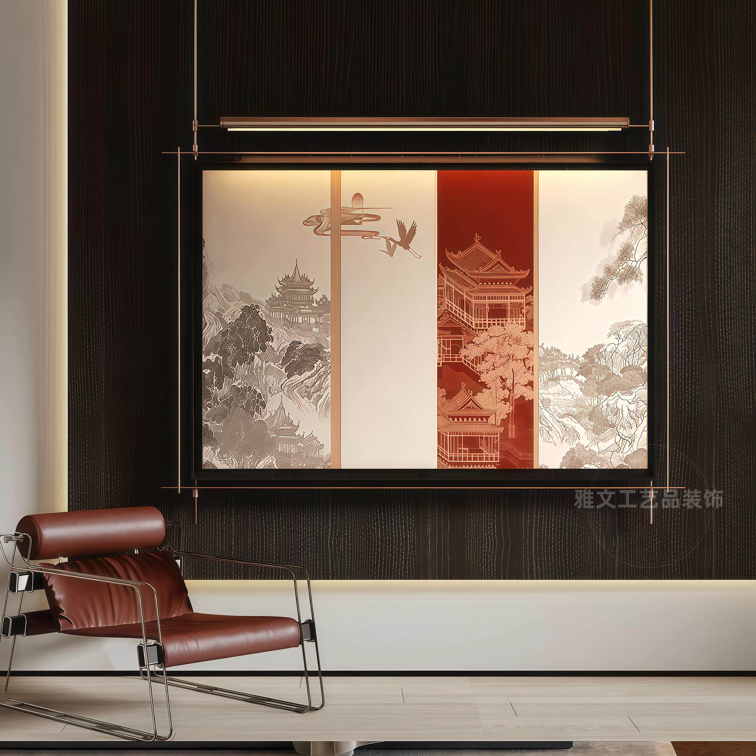 新中式复古氛围灯光画轻奢客厅书房玄关画装饰画铁艺立体装置挂画