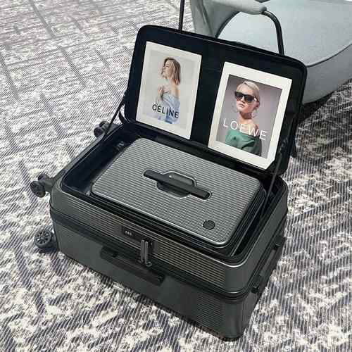 正品新款开 口行李箱女多侧功行能0万向轮密码拉杆箱2寸扩容深仓