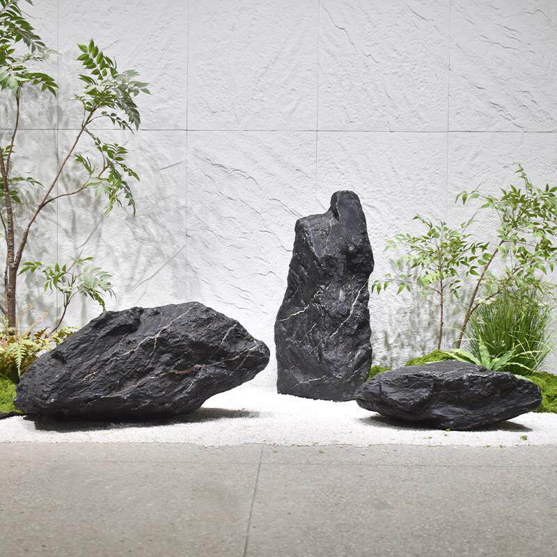 彷真黑山石摆件庭院假石头造景装饰室内软装园林景观雕塑假山石