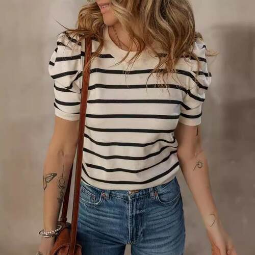 Women'S Short Puff Sleeve Knit Tops 2026 Trendy Crewneck