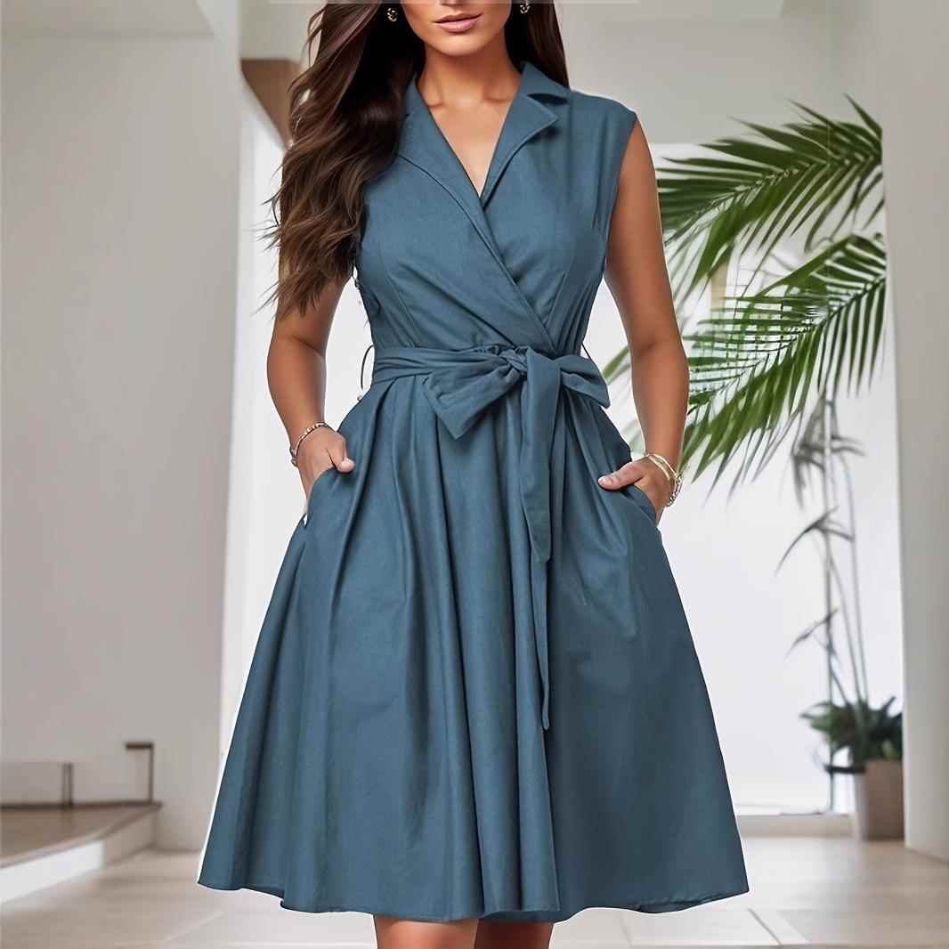 Solid color waist sleeveless lapel tie A-line commuter
