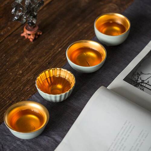 汝窑鎏金中式单杯功夫主人杯陶瓷茶杯汝瓷开片品茗杯个人专用茶盏
