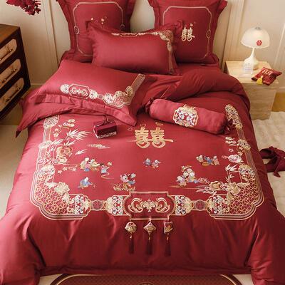 新中式风婚庆四季长绒棉纯棉四件套百子迎喜刺绣被套结婚床上用品