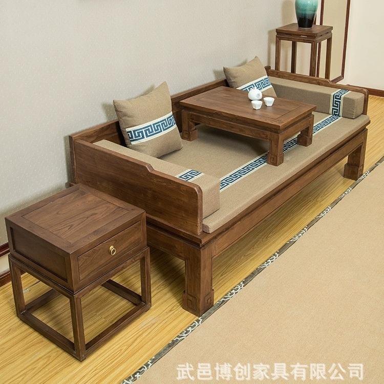老榆木罗汉床罗汉榻双人沙发美人塌三人位新中式实木家具禅意
