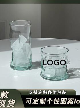 中古绿色玻璃杯家用不规则扭纹水杯啤酒杯复古冷饮杯耐热定制图案