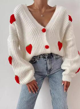 3D strawberry decal slimming sweater cardigan for