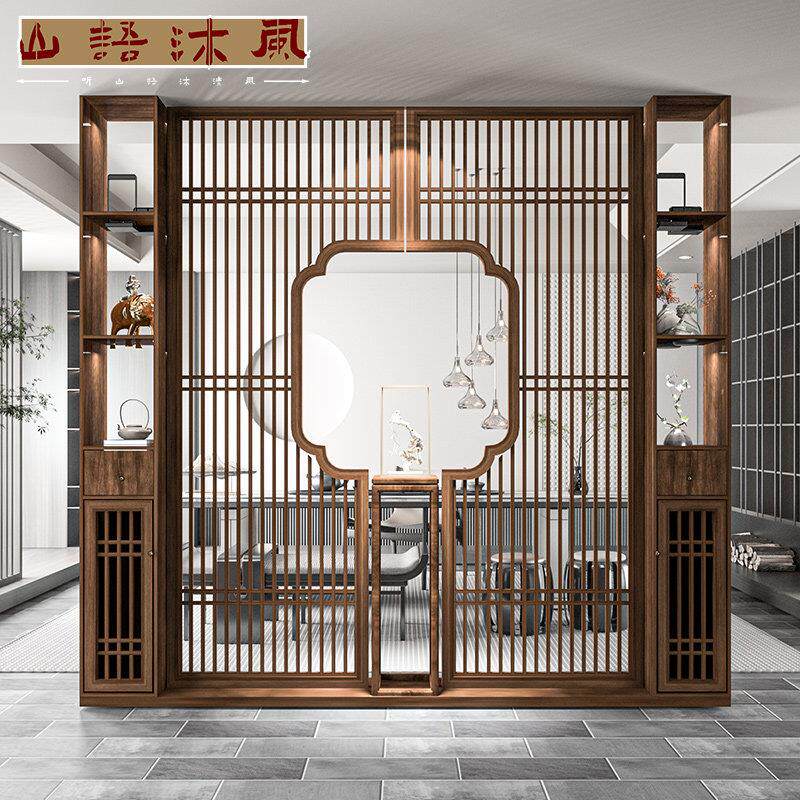 新中式玄关柜实木屏风隔断柜入户格栅茶室装饰柜别墅客厅进门座屏
