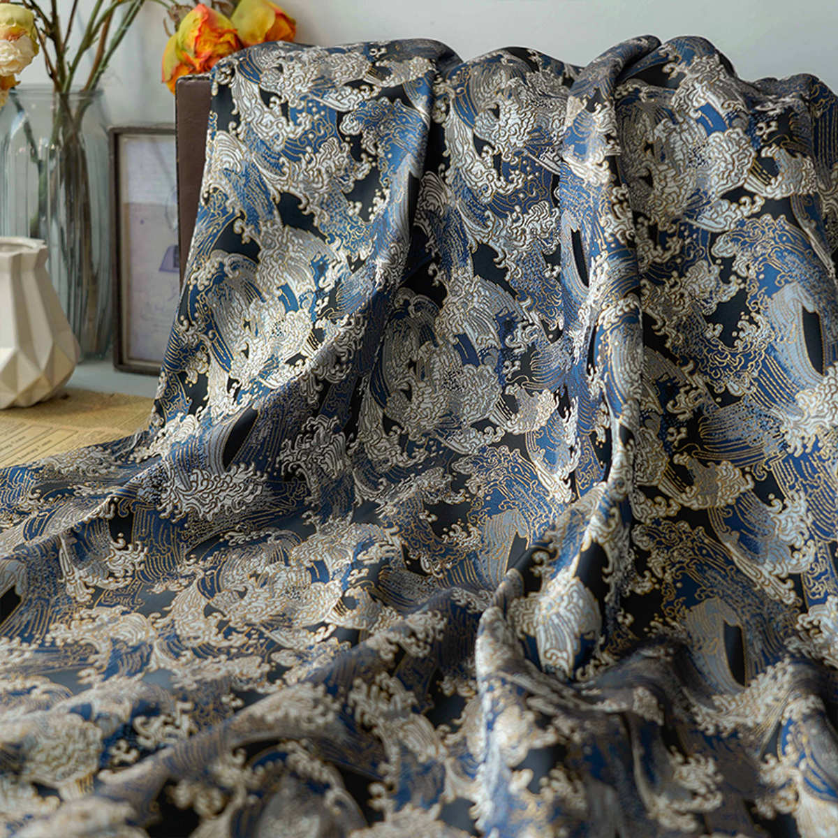 【涛声依旧】日系和风桌布古风色织服装面料复古西阵织金襕提花布