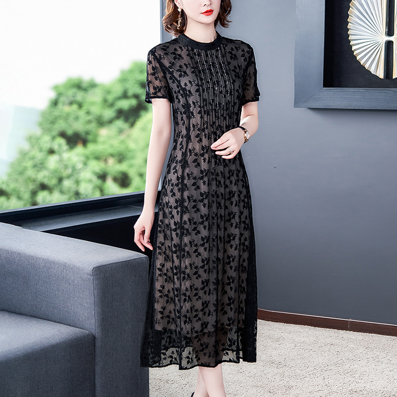 夏高档季刺绣蕾丝中长裙年女贵妇妈妈装气质显瘦连衣裙
