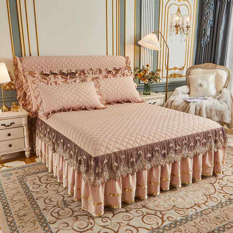 欧式洗棉质绗缝蕾丝床裙三件柜套纯色加水厚KVS1.8床米头套单件防