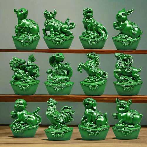 绿色实木质十二生肖摆件全套鼠牛虎兔龙蛇马羊猴鸡狗猪饰品吉祥物