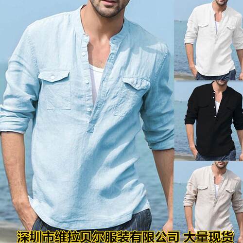 Men's cotton and linen long sleeved shirt with stand up