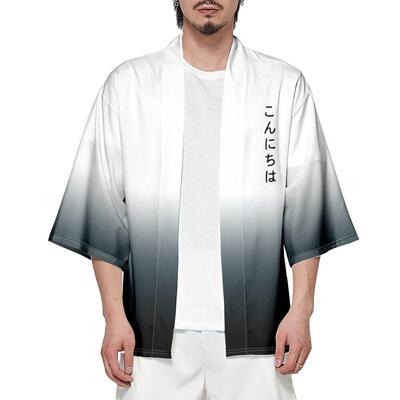 Men's Short Sleeve Loose Ombre Kimono with Japanese Letter