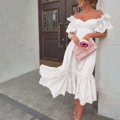 Women's one shoulder polka dot dress, long skirt