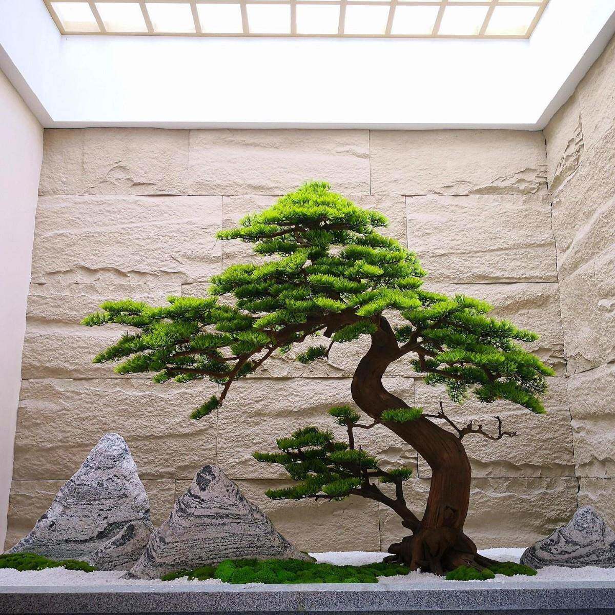 大型仿真迎客松罗汉松雕刻橱窗装饰假松树新中式室内造景装饰绿植