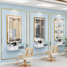 理发店镜子发廊专用一体柜大理石，挂墙镜led灯网红美发带灯单面镜