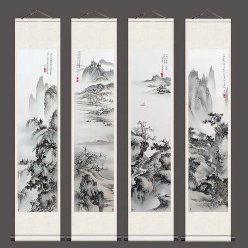 传统国画丝绸挂画闫焕然 山水四条屏卷轴字画书房装饰画展会礼品