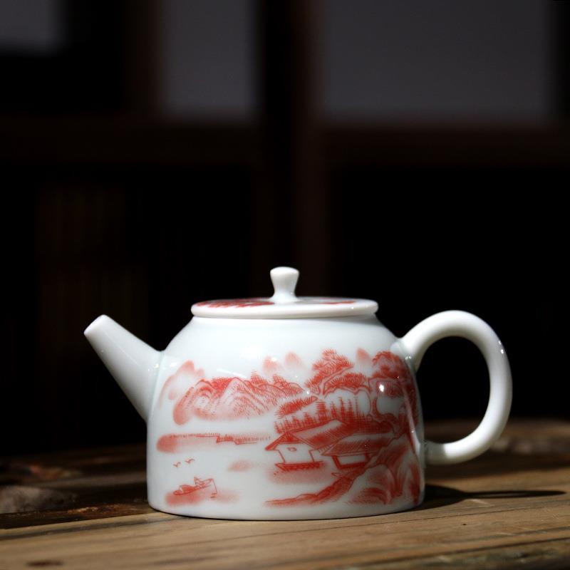 德化白瓷茶壶复古矾红瓷手工泡茶壶陶瓷中式青花瓷石瓢单壶西施壶