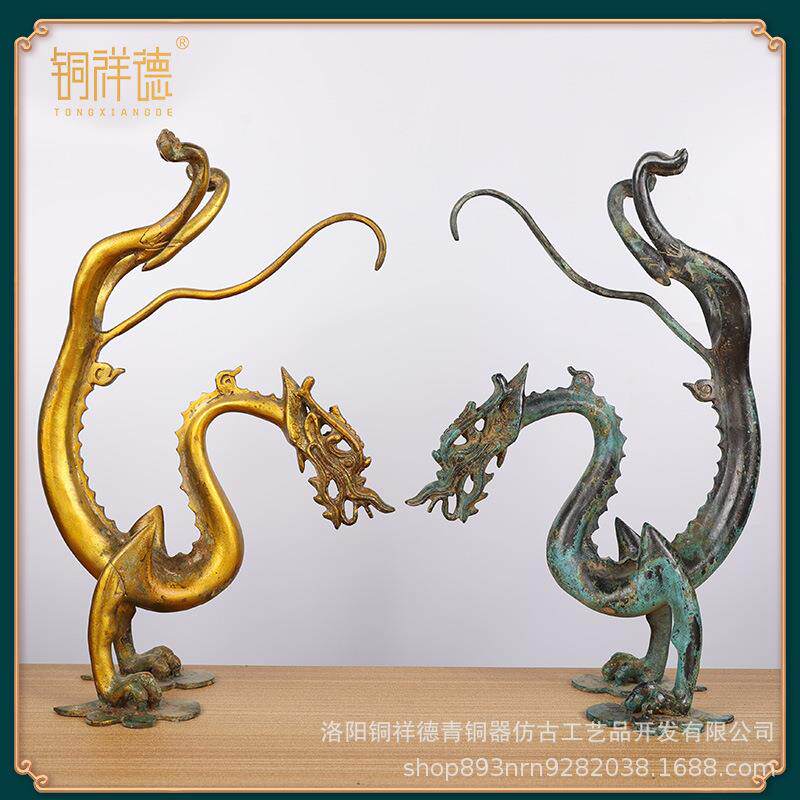 仿古青铜器唐代鎏金铜龙摆件纯铜立龙走龙仿古工艺品客厅装饰品