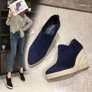 深口拉链春秋百搭厚底尖头鞋 坡跟单鞋 新款 2020秋季 女防水台高跟鞋