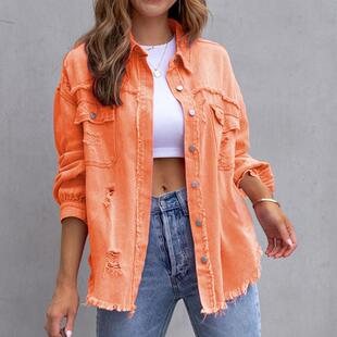 ripped sleeved denim jacket women Collar for long