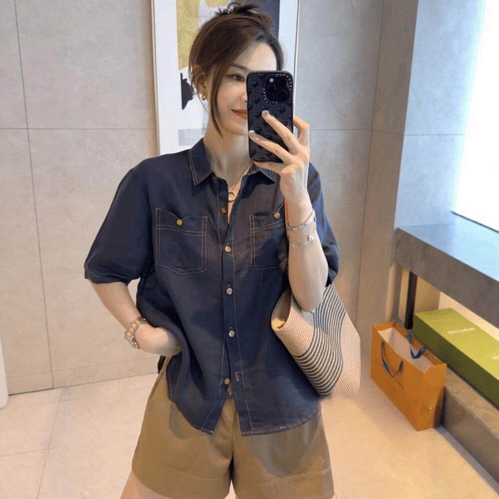 短袖气质衬衫女夏季衬衣2025年新款小衫薄款外套宽松显瘦翻领上衣