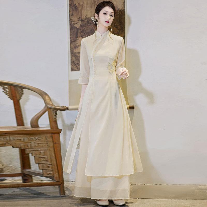 新中式盘扣改良旗袍套装夏季中国风茶服女文艺禅意采耳茶艺师服装