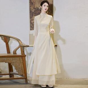 新中式盘扣改良旗袍套装夏季中国风茶服女文艺禅意采耳茶艺师服装