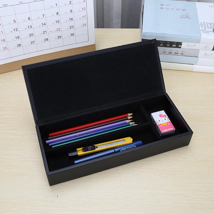 商友 多功能皮革笔盒带盖文具盒桌面收纳盒笔筒商务办公用品 黑色