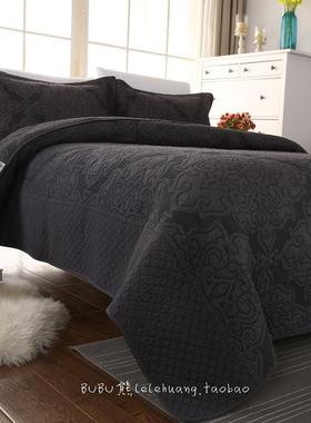 V3FP深灰色绗缝床盖三件套缝衍被纯色柔软可水洗空调被秋冬床单多