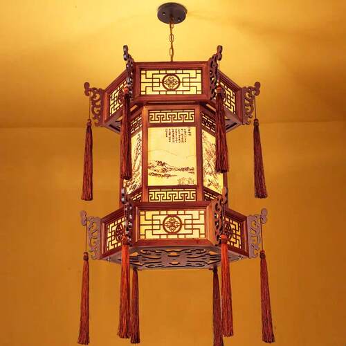 中式仿古实木宫灯茶楼走廊大厅火锅餐厅包厢屋檐寺庙复古木艺吊灯