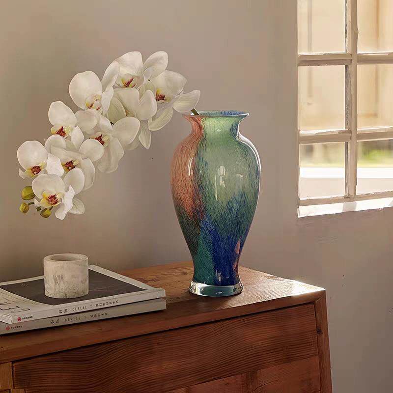 彩色玻璃花瓶 中古琉璃装饰花器高品质法式客厅餐桌插花水养