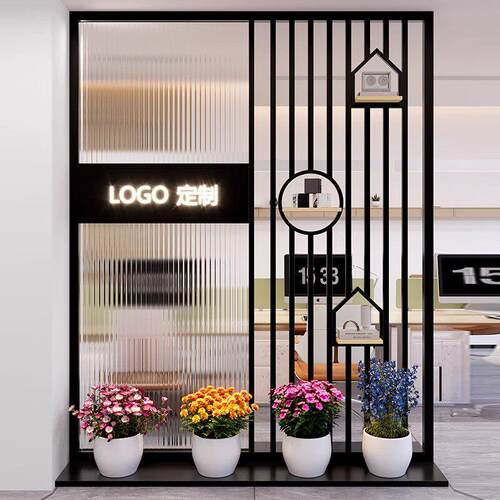 公司入户铁艺形象墙家用玄关隔断办公室进门发光logo玻璃屏风隔断