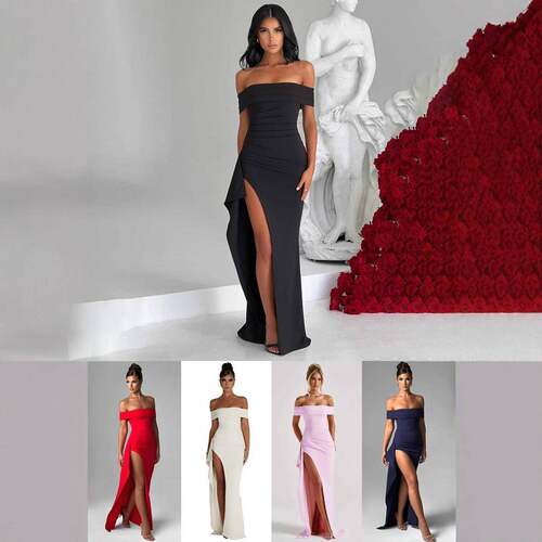 Women's Off The Shoulder Ruched Split Thigh Bodycon Dress