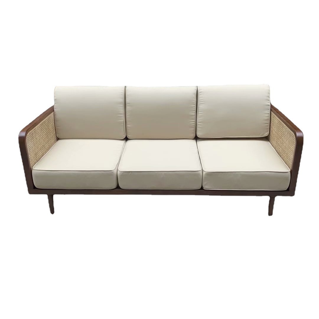 北欧实木真藤沙发休闲咖啡厅藤编卡座公寓酒店客厅三人位沙发厂家