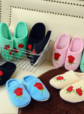 新款玫瑰绣花软底居家室内防滑棉拖鞋 居家室内木地板静音棉拖