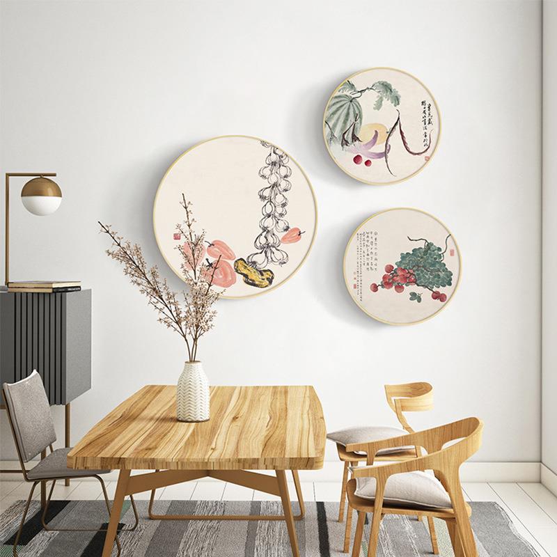 时节佳果新中式圆形餐厅装饰画国风水果客厅壁画原木风挂画