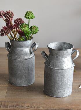 直销新款跨境铁皮花瓶简约铁皮桶插花桶欧式铁艺干花复古做旧金属