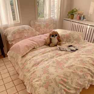 新款全复古韩式花田边园件全棉四套小碎花清新棉被套荷叶边纯棉床