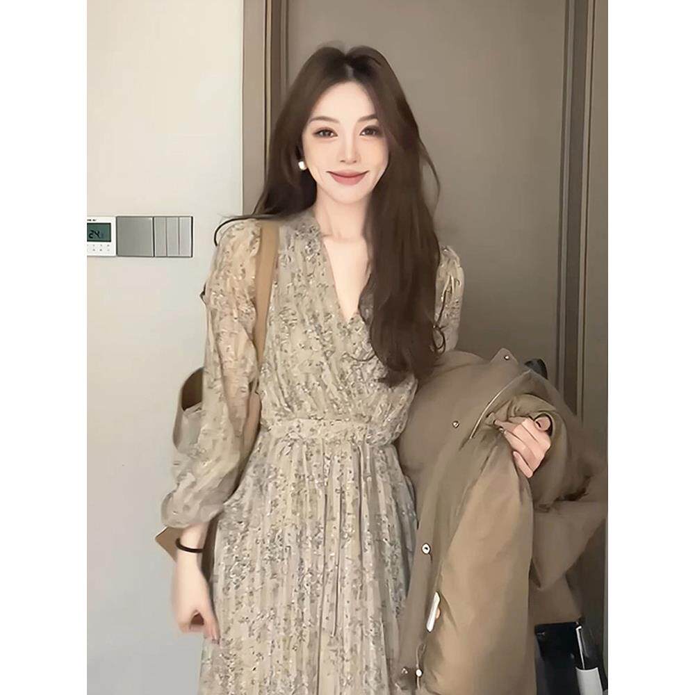 欧洲站春装女2025年新款茶歇法式桔梗裙高级感气质长袖碎花连衣裙